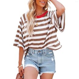Women's Tanks Women Casual Short Sleeve T-Shirts Stripe Contrast Colour Round Neck Shirts Summer Loose Fit Tops Streetwear