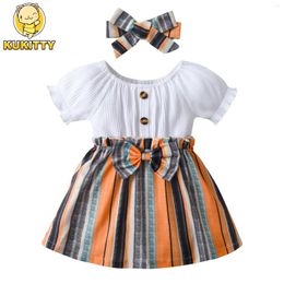 Girl Dresses Kukitty Toddler Baby Cotton Patchwork Short Sleeve Dress And Bow Headband Cute Fashion Summer Clothes For 1 2 Years Old