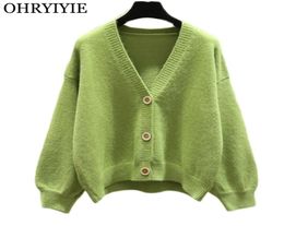OHRYIYIE Autumn Knit Female Oversize Cardigan Women Loose Casual V Neck Knitted Sweater Fall Coat Lady Green Cardigan 2109171474233