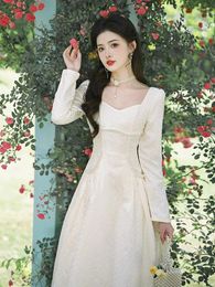 Casual Dresses Romantic White Jacquard Fairy Dress Woman Vintage Sweatheart Neck Beading Elegant Lady Vestido Blanco Robe Blanche Femme