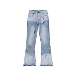 Мужские джинсы Flare Fashion Patched Jeans Men Men Hip Hop Jean Pants Стильные мужские мешковатые джинсовые брюки Уличная одежда сложенные джинсы