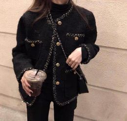 Korean Female Black Tweed Jacket Coat Women Outerwear Coats Channel Style Suit Cropped Stripeed Kawaii Round Neck Casual Women031638868