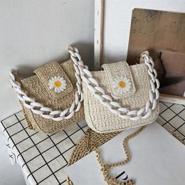 Shopping Bags Korean Style Selling Trendy Fashion INS Small Daisy Purse Summer Beach Girl Straw Woven Clutch Buckle Acrylic Chain Handbag