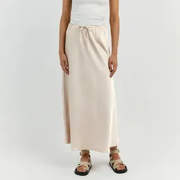 Skirts Women A-line Skirt Silky Satin High Waist Drawstring Elastic Ankle Length 2024 Elegant Maxi Beige Faldas