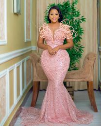 Sparkly Pink Sequins Beaded Mermaid Evening Dresses Sheer Jewel Neck 2024 African Arabic Aso Ebi Prom Dress Long Shiny Pageant Special Occasion Gowns For Women