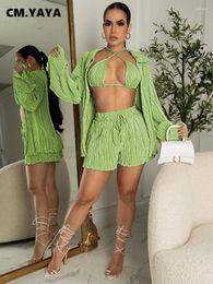 Women's Tracksuits CM. Street Set Full Sleeve Pleated Shirt With Bra And Shorts Suit 2024 Summer Fashion 3 Piece Outfit Tracksuit