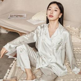 Home Clothing Spring Autumn Loungewear Women Long Sleeved Pants Suit Satin Silk Sleepwear Flower Print Pajamas Two Piece Outfit