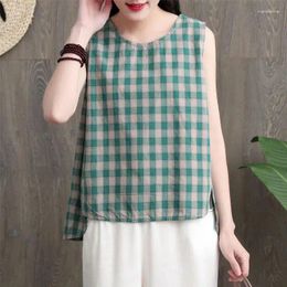 Women's Tanks Women Summer Simplicity Elegant Loose Plaid Cotton And Linen O-neck Sleeveless Tank Top Clothes Casual All-match Tee