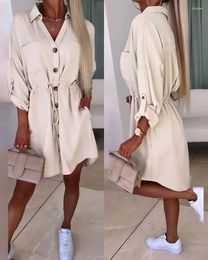 Casual Dresses Roll Up Sleeve Buttoned Shirt Dress Women Solid Color Single Breasted Button Summer Spring Mini