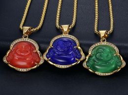 Diamond Studded Opal Jade Laughing Buddha Pendant Necklaces with Stainless Steel Gold Plated Chain Inlaid Gemstone Jewellery Wholesa4813734