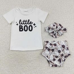 Clothing Sets Wholesale Baby Girls Halloween Short Sleeves Ghost Floral Headband Set Children Infant Shorts Bummies Kids Boo Outfit