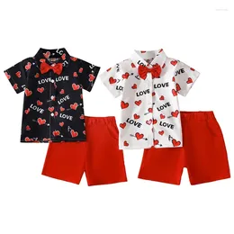 Clothing Sets Kids Boys Valentine's Day Outfits Heart Letter Print Bowtie Short Sleeve Shirts Tops And Red Shorts 2Pcs Gentleman Clothes Set