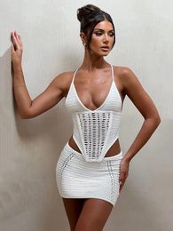 Work Dresses Mozision Knit Sexy Skirt Two Piece Sets For Women Backless Lace Up Sleeveless Crop Top And Mini Femme Club Party Set