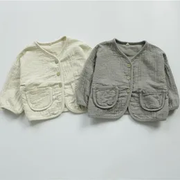 Jackets Korean Style Autumn Children Cotton Linen Cardigan Coats Loose Pure Color Outerwear Toddlers Kids Clothes Casual
