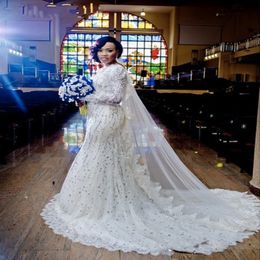 Gorgeous Arabic Nigerian Wedding Dresses with Long Sleeves Beaded Crystal Chapel Train Lace 2018 Mermaid Bridal Gowns Vestidos De Noiva 227p