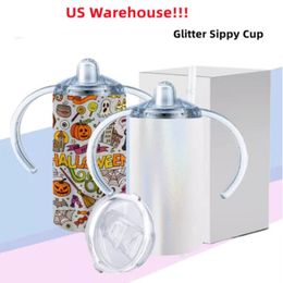 US Warehouse 12oz Sublimation Glitter sippy cup Glitter Straight Tumbler Sublimation baby cup kids tumbler Stainless Steel tumbler with 327w