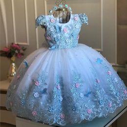 Princess Ball Gown Pearls Flower Girl Dresses For Wedding Appliqued Backless Pageant Gowns Floor Length Tulle First Communion Dress 258y