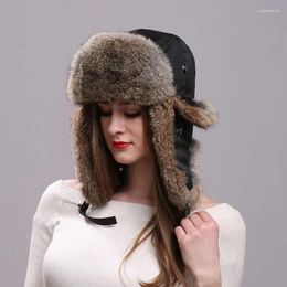 Berets Warm Bomber Hat Unisex Real Fur Bonet With Rainproof Cloth Earflap Trapper Russian Cap Male Winter Ski Hats For Women
