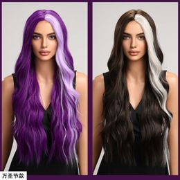 New COS wig womens Centre point highlight dyed long curly hair Personalised fashion Halloween dressing full headgear
