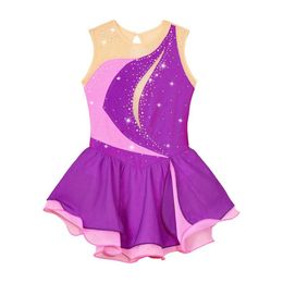 Dancewear Sleeveless Figure Skating Dress for Kids Girls Rhinestone Sheer Mesh Tutu Leotard Dress Gymnastics Dance Performance Costume Y240524