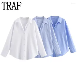 Women's Blouses Oxford White Shirt Woman Asymmetric Blue Striped Long Sleeve For Women 2024 Casual Basic Shirts Summer Top