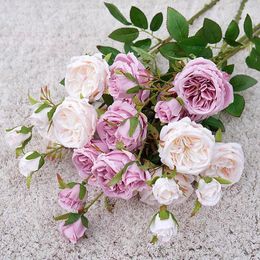 Decorative Flowers 4Pcs Long Branch 6Heads Austin Rose Artificial Silk Wedding Party Home Decor Flower Arrangement Pography Props