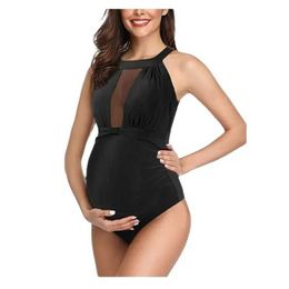 Maternity Swimwears Fashionable solid black womens one piece maternity swimsuit with mesh stitching sexy backless swimsuit maternity wear maternity wear d240527