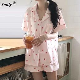 Strawberry Pink Printed Pajamas Set Women Summer Cute Turn Down Collar Blouse Tops And Shorts Pajama Set Sleepwear 240527