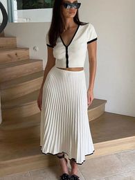 Striped Contrasting Colours Skirt Suit Women Knitted Short Sleeve V-neck Slim Short T-shirt And Thread Pleated Skirts Set 2 Piece 240527