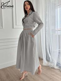 Work Dresses Oymimi Fashion Grey Nylon Two Piece Set For Women Elegant Lapel Long Sleeve Button Crop Shirts And Loose Ankle-Length Skirts
