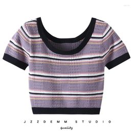 Women's Polos C U Neck Off-shoulder Tops Women Sexy Stripes Short-sleeved Knitted Sweater High-waisted