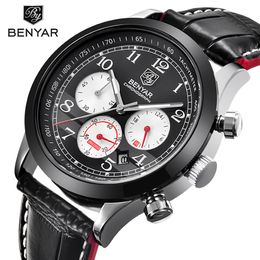 BENYAR Brand Sport Waterproof Chronograph Men Watch Top Brand Luxury Male Leather Quartz Military Wrist Watch Men Clock saat 260h