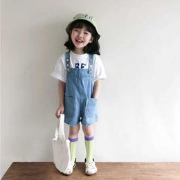 Overalls Rompers 2024 New Summer Korean Style Girls jumpsuit Cute Fashion Wash Jeans denim jumpsuit shorts boutique set for 2-8 years WX5.26