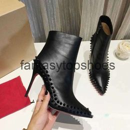 Valentine and V Female V-buckle VT Decoration Valentines Short Black Fashion New Plush Boots Pointy Stiletto Booties Dancing Wedding Leather Dress