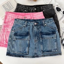 Skirts Jeans Korean Style Retro Easy Matching High Waist Slimming Double Pocket Denim Cargo Pants Short Skirt Skort Women Faldas