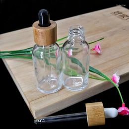 Storage Bottles 30Ml Clear Glass Dropper Bottle Cosmetic Skin Care Product Bamboo Cap Wood Grain Cover Essential Oil Essence Packaging