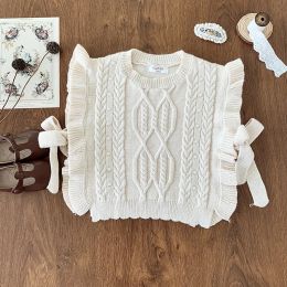 Autumn Baby Girls Knitted Sweaters Solid Colour Strap Knitted Vest Ruffles Bowknot Vest Toddlers Children Pullovers Shawl Sweater