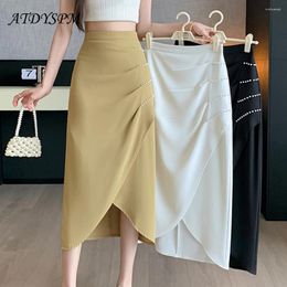 Skirts Office Lady Elegant Irregular High Waist A-Line Midi Chic Beaded Folds Split Simple Casual Long Faldas Mujer 2024