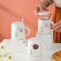 Mugs 380ml Creative Cartoon Pattern Ceramic Coffee Mug With Lid Spoon Couple Business Water Cup Cute Gift Reusable Tumbler