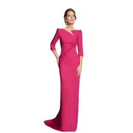 Elegant Long Fuchsia Crepe Mother of the Bride/Groom Dresses Mermaid Lace 3/4 Sleeves Sweep Train Godmother Dresses Formal Party Gown for Women