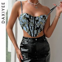 Women's Tanks Floral Print Crop Top Spaghetti Strap Sexy Strappy Tank Vest Underwired Push Up Camisole Corset Backless Bandage Fishbone Tops