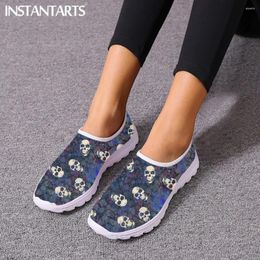 Casual Shoes INSTANTARTS Summer Breathable Mesh Sneakers Blue And Black Grunge Weathered Old Human Skulls Women Flat Slip-on Loafers