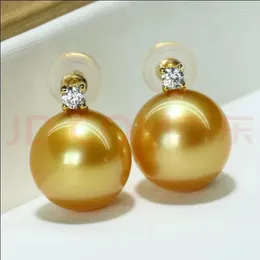 Stud Earrings Pair 10-12mm Genuine Gold Round Pearl For Wen Women Simple Wedding Party Jewellery Accessories Dangle Hook 36