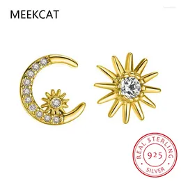 Stud Earrings Real 925 Sterling Silver Zircon Moon Star 14K Gold For Women Asymmetry Cute Fine Jewellery Drop