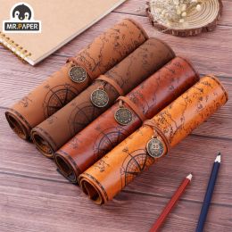 Mr. Paper Vintage Canvas Roll Pencil Bag Creative Simplicity Large Capacity Stationery Box Roll Pencil Pouch 4 Style