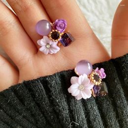 Stud Earrings 2Pc Exquisite Round Beads Flower Square Faux Amethyst Fashion Zircon Purple Women Party Gifts