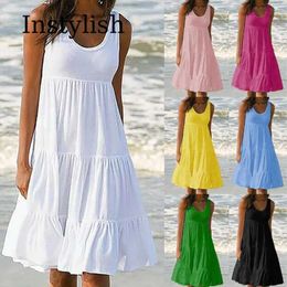 Basic Casual Dresses Womens tight fitting O-neck non pleated mini dress elegant Bohemian solid beach sun skirt oversized loose fitting dress 2024 summer Y240524