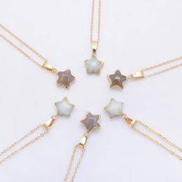 Pentagram Star Chain Necklace Pink Crystal Chakra Natural Stone Gold Plating Geode Druzy Quartz Pendant Diy Necklace Jewelry 230t