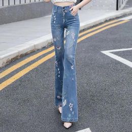 Women's Jeans 2024 Korean Printed Small Stretch Denim Flares Pants Spring Autumn Streetwear Skinny Casual Trousers Ladies