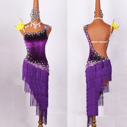 2020 Women Latin Dancing Costumes Lycra Net Top Tassel Skirt Salsa Samba Rumba India Ladies Fringe Latin Dance Dress DW1074 198Q